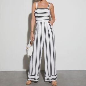 Vici Gradey Black White Striped Wide Leg Jumpsuit